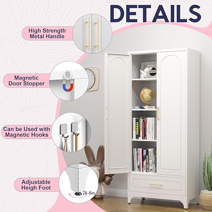 Pantry Kitchen Cabinet with Drawer, 75" Tall Pantry Storage Cabinet, Metal Storage Cabinets with Doors and Shelves, Large Freestanding Cupboard for Dining Room, Assembly Required, White