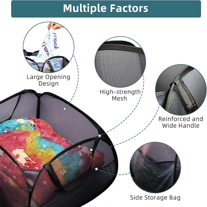 Collapsible Laundry Baskets, 90L Large Foldable Laundry Basket, Durable Mesh Pop Up Hampers for Laundry, Dirty Clothes Laundry Hamper for Bedroom, Bathroom, Dorm, Laundry Room, Travel, Camping Black