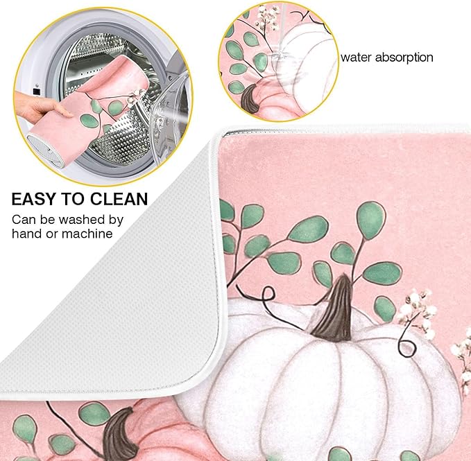 Hello Pumpkin Pink Dish Drying Mat for Kitchen Countertop 16x18 Fall Leaves Rectangle Small Drying Mat Reusable Quick Dry Dish Sink Absorbent Mats Dishwasher Easy Clean Decorative Home Essentials