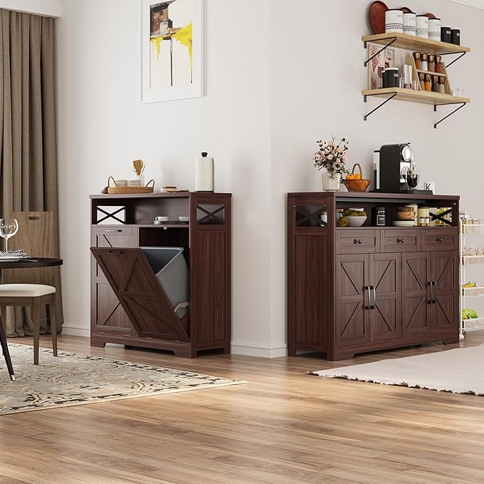 Double Tilt Out Trash Can Cabinet for 13 * 2 Gallon Garbage Can, Farmhouse Kitchen Garbage Trash Bin for Hidden Laundry Basket, Dual Dog Proof Recycling Cabinet for Living Room, Dark Brown