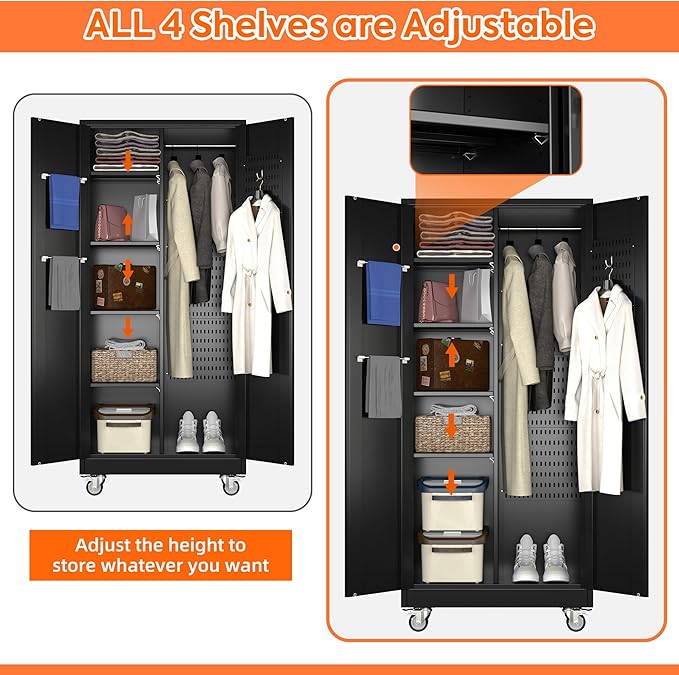 17.7" D×33.5" W×70.87" H Broom Closet Storage Cabinet with Wheels and Pegboard,Garage Storage Cabinet with Doors,Adjustable Shelves for Garage Home,Required Assembly,Black