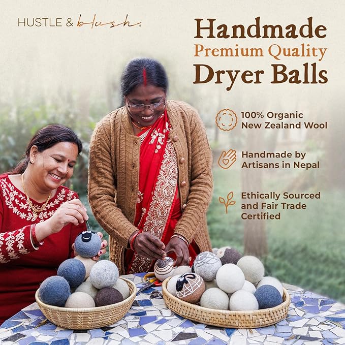 Hustle & Blush Fluff Ewes Wool Dryer Balls 3 Pack - Extra Large Lights Premium Hand Needled New Zealand Laundry Set, Reduces Drying Time, Static Control, Chemical Free Reusable for Essential Oils