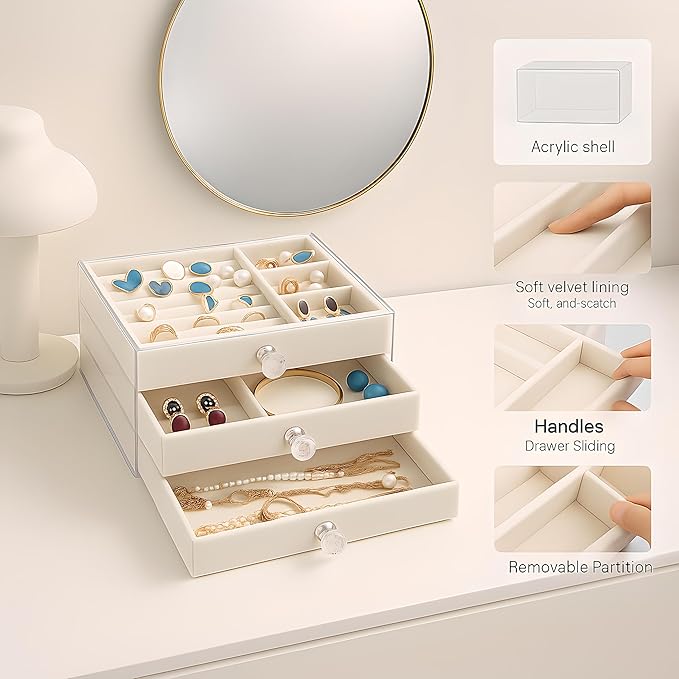 Earring Holder Organizer, Acrylic Jewelry Box with 3 Drawers, Earring Storage Box for Earrings, Rings, Necklaces, Bracelets, Jewelry Organizer and Storage for Women, Velvet Trays, IDEAL Gift