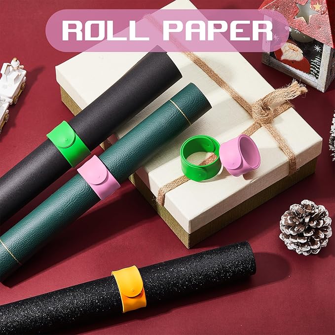Charniol 12 Pieces Wrapping Paper Roll Holder Holiday Flip Wraps Silicone Covered Metal Strips Flip 1 x 9 Inch Stabilizer Slap Band for Poster Gift Paper Vinyl Storage Organize (Green,Yellow,Pink)