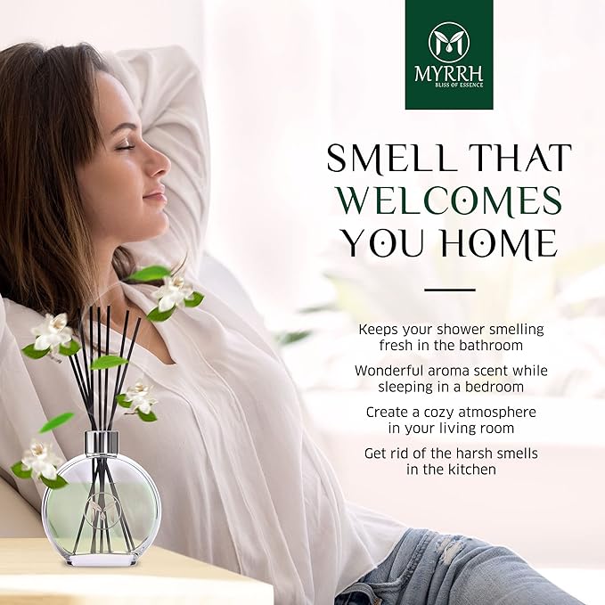 Gardenia Blossom Scented Reed Diffuser Set with 8 Rattan Diffuser Sticks, 150 ml, All Natural Air Freshener, Long-Lasting Diffusers at Home - MyrrhUSA
