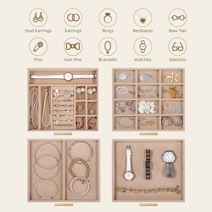 Jewelry Box Organizer for Women,4 Layers Jewelry Storage Display Box with Glass Lid,Gift for Christmas,3 Drawers,Large Capacity for Necklace Earrings Bracelets Rings,White