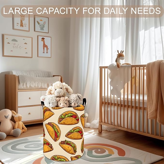 Taco Laundry Basket Hamper 19.7"x15.8", Fun Food Foldable Waterproof Oxford Clothes Storage Bucket for Room Bathroom Bedroom Nursery Decor, Toy Organizer Bins Gifts for Kids Boys Girls