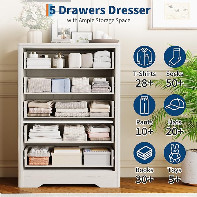 Garvee Dresser for Bedroom with 5 Drawers, 45'' Tall Chest of Large Decorative Drawer Front with Large Clothes Storage Cabinet, Wood Bedroom Dresser, TV Stand for Nursery, Living Room, Enterway