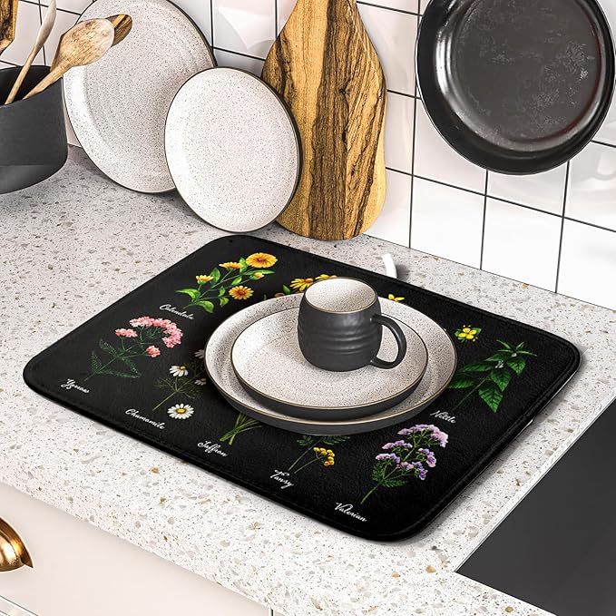 Black Flower Herbs Dish Drying Mat 16x18 Inch Botanical Floral Microfiber Drying Mats with Hanging Loop Foldable Absorbent Dish Drainer Rack Pad