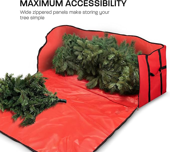 ZOBER Wide Christmas Tree Storage Bag - Maximum Accessibility - Fits 9 Ft Trees - 600D Oxford Fabric Christmas Tree Bag For Storage Box For Xmas - Strong, Durable Straps & Handles - Card Slot - Red