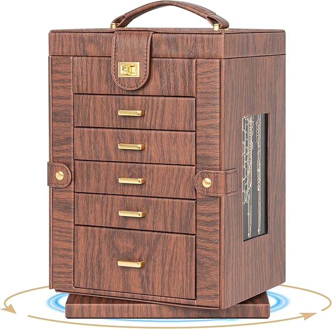 AKOZLIN 360° Rotating Jewelry Box 6-Tier Organizer Functional Jewelry Storage Case for Women Girls Ring Necklace Earring Bracelet Holder with Mirror Red Brown