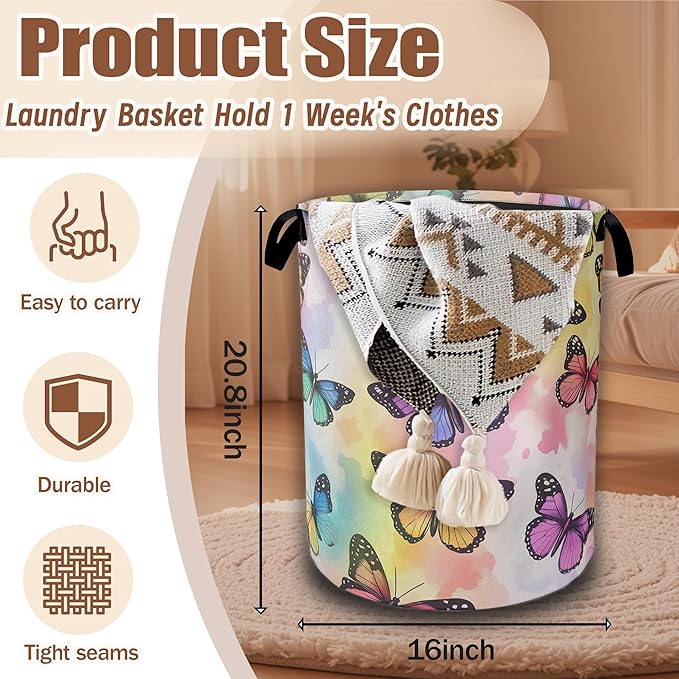 Colorful Tropical Butterflies Laundry Hamper,Watercolor Laundry Baskets,Waterproof Oxford Cloth Toy Storage for Bedroom,Bathroom,Nursery,16x20.8 Inch