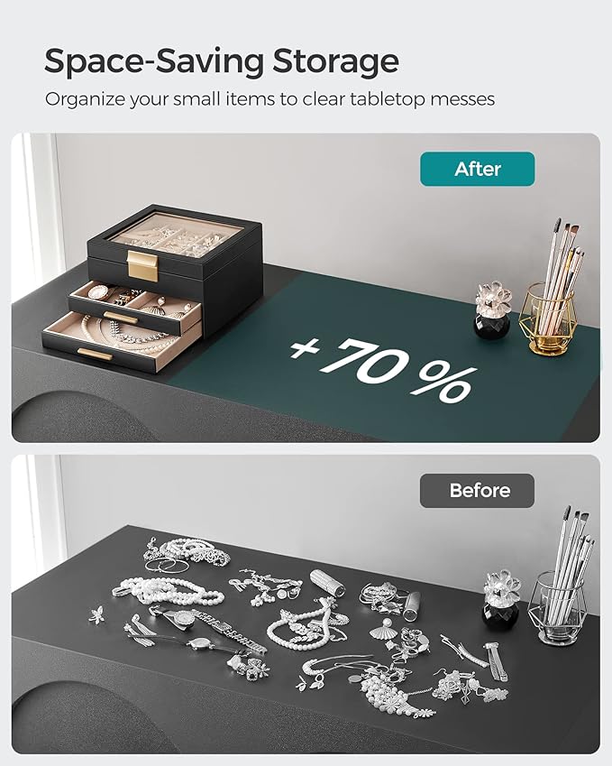 SONGMICS Jewelry Box Organizer with Glass Lid, 3-Layer Jewelry Storage, with 2 Drawers, Modern Style, 8 x 9.1 x 5.3 Inches, Graphite Black and Gold Color UJBC239B03