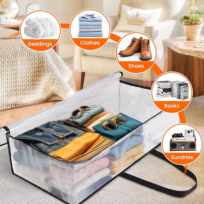 6 Pack Long Clear Storage Bags for Comforter, Clothes & Bedding, Plastic Blanket Storage with Zipper and Handle, Moving Bags, Closet Organizer and Under-Bed Storage (90L, 39.4"*7.1"*19.7")