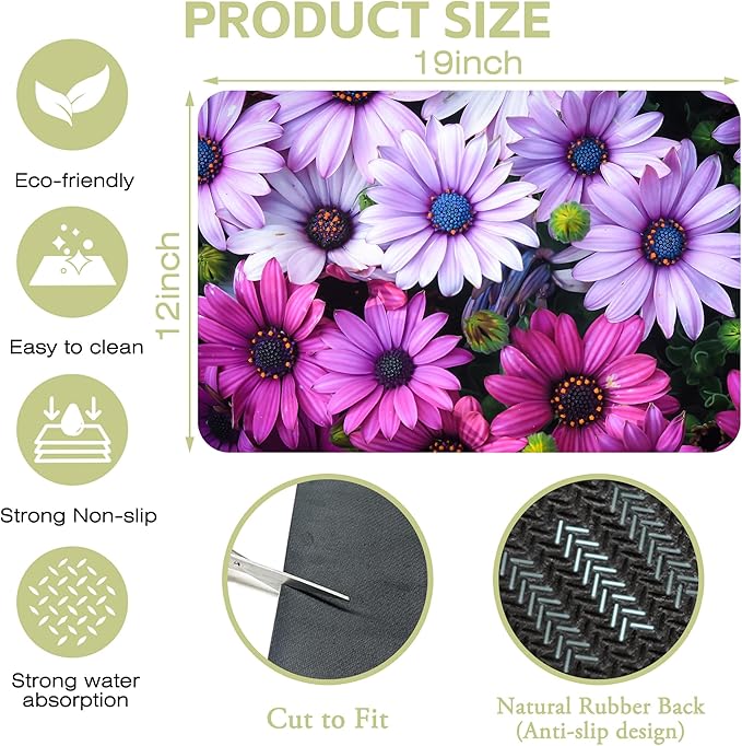 Kitchen Mat Beautiful Purple Flowers Dish Drying Mat 12"x19" Bsorbent Coffee Maker Mat for Sink Dishes or Under Rack Kitchen Counter Accessories Absorbent Hide Stain Rubber Backed Dish Drying Pad