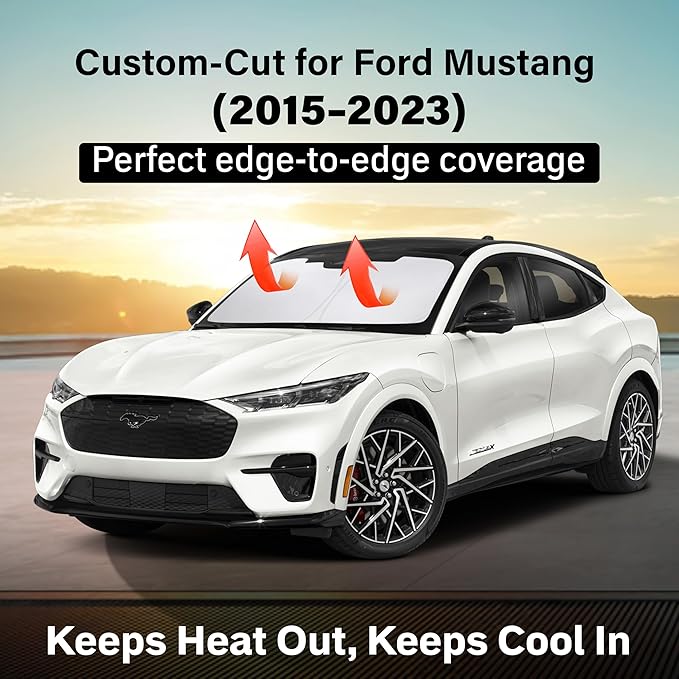 EcoNour Windshield Sun Shade Compatible for Ford Mustang 2015–2023 | Sports Car Front Window Sunshade | Foldable 4-Layer Sun Visor Protector | Blocks UV Rays & Keeps Cabin Cool