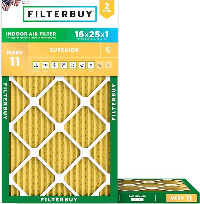 Filterbuy 16x25x1 Air Filter MERV 11 Superior Pet & Allergy Defense (2-Pack), Electrostatic Pleated HVAC AC Furnace Filters Replacement, Made in USA (Actual Size: 15.50 x 24.50 x 0.75)