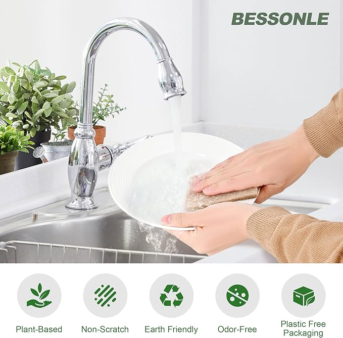 BESSONLE 24 Pack Natural Scrub Kitchen Sponges - Coconut Husk Non Abrasive Scouring Pads - Multipurpose Scrubbing for Dishes - Heavy Duty Dishes, Pan and Pot Scrubbers for Kitchen Non Scratch