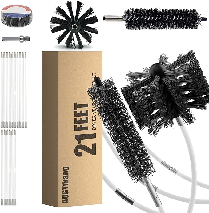 AOGYikang 21FT Chimney Brush Kit, Multi-Purpose Dryer Vent Cleaning Brush Kit with 4" Brush Head, Professional Lint Cleaning Accessories for Chimneys, Ducts, Dryers, Crevices