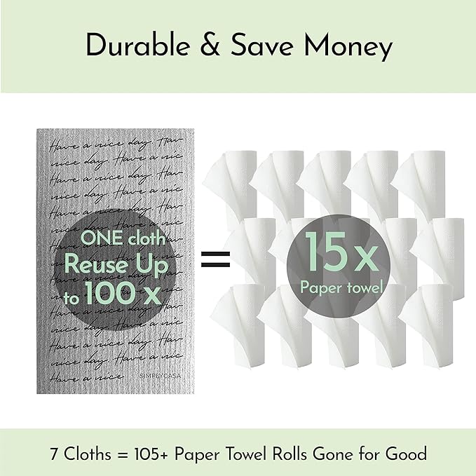 SIMPLYCASA Long Gray 7‑Pack Swedish Dishcloths – Reusable,Cellulose Sponge Dish Cloths for Washing Dishes, Paper Towel Replacement, Plastic-Free Packaging, Super Absorbent