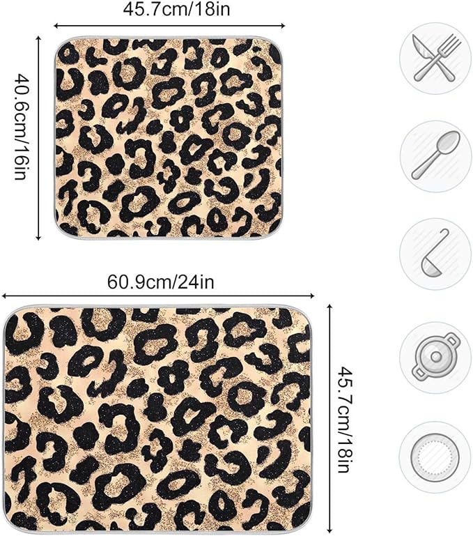 Cheetah Brown Gold Dish Drying Mat for Kitchen Countertop 16x18 Leopard Black Small Drying Mat Reusable Quick Dry Dish Sink Mats Easy Clean Decorative Essentials