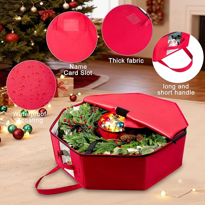 Wreath Storage Christmas Garlands Bag with Interior Pockets Large Xmas Container Box for Holiday Decorations Case with Dual Zipper and Handles Window Labeling Card Slot 24" Red