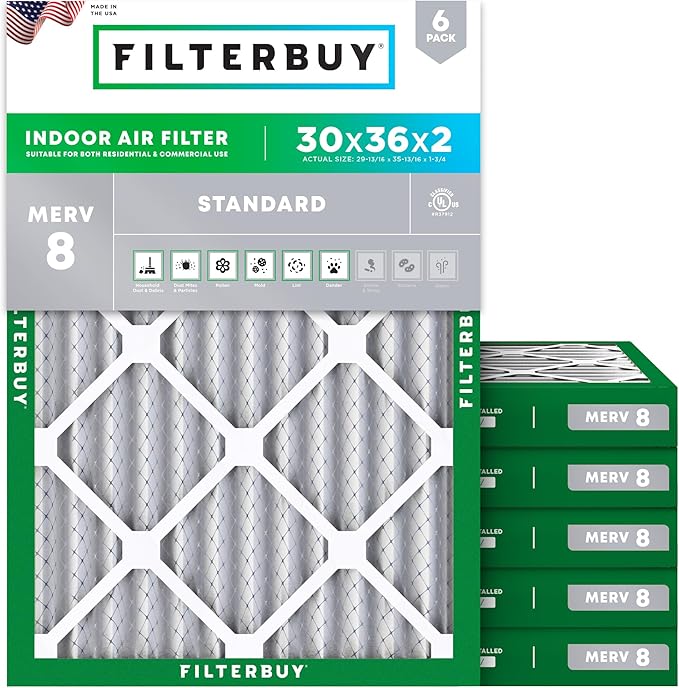 Filterbuy 30x36x2 Air Filter MERV 8 Essential Dust & Allergy Defense (6-Pack), Electrostatic Pleated HVAC AC Furnace Filters Replacement, Made in USA (Actual Size: 29.81 x 35.81 x 1.75)