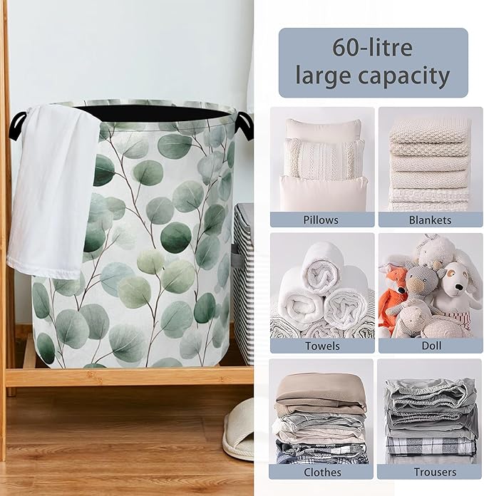 Eucalyptus Leaves Laundry Basket,Foldable Oxford Cloth Tote Bag Laundry Hamper Clothes Storage Bucket Organizer for Bedroom Laundry Storage Dormitories 16" x 20.8"