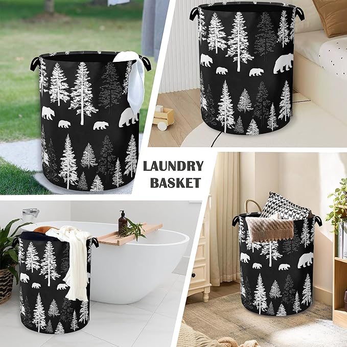 Bear Forest Laundry Basket,Winter Foldable with Handles Tote Bag Oxford Cloth for Bathroom Bedroom Dirty Clothes Storage Bucket 16" x 20.8"