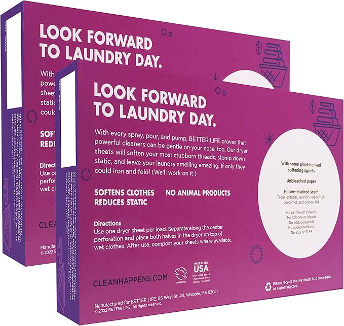 Better Life Natural Dryer Sheets, Lavender Grapefruit, 80 Count, 2 pack, 24221