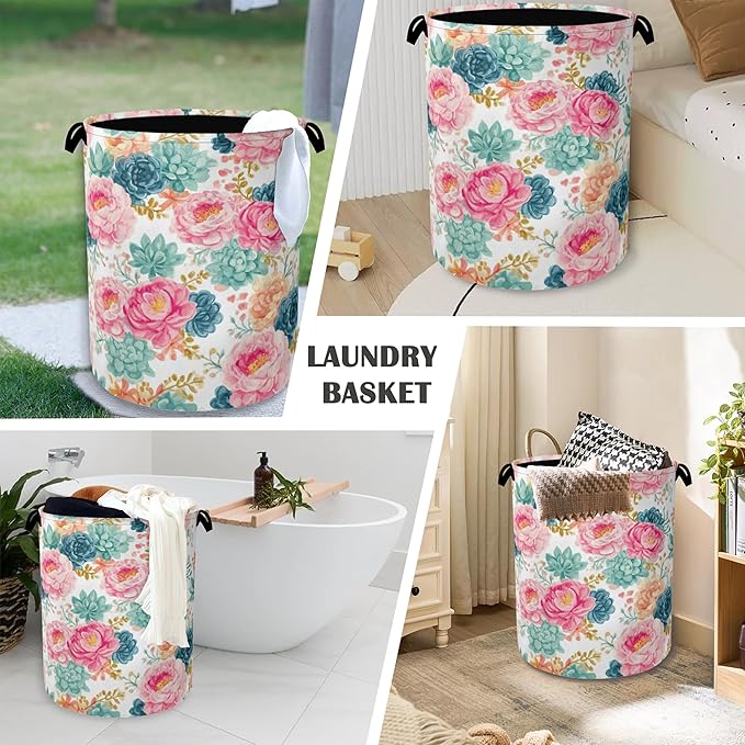 Succulent Plant Laundry Basket,Pink Flowers Oxford Cloth Laundry Hamper with Handle Foldable Portable Clothes Storage Basket for Bathroom Bedroom Dorm Room 16" x 20.8"