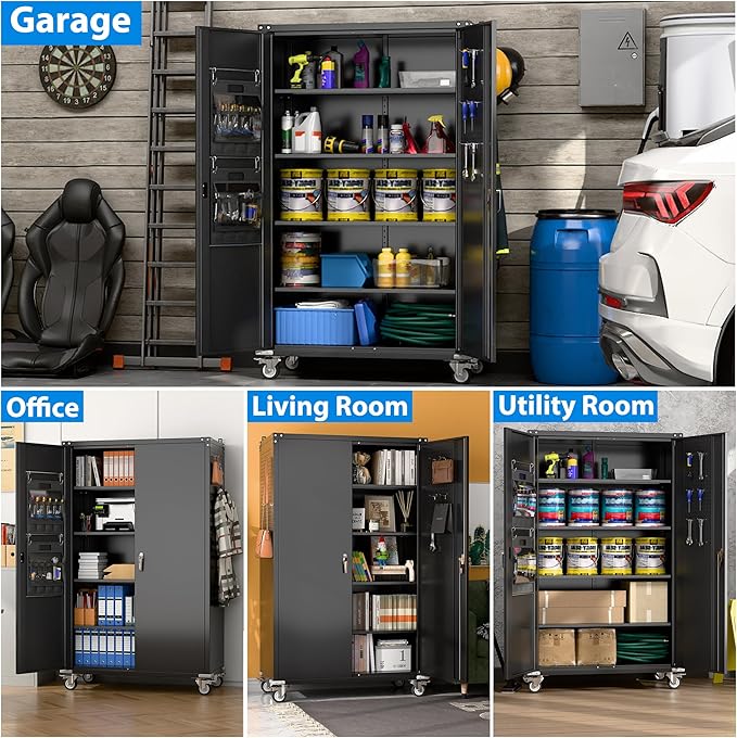 43.3''W x 22''D x 72''H Wide and Deep Garage Storage Cabinet with Wheels & Pegboard & 9 Hooks, Lockable Metal Storage Cabinet with 2 Doors and 4 Adjustable Shelves for Garage, Home, Black