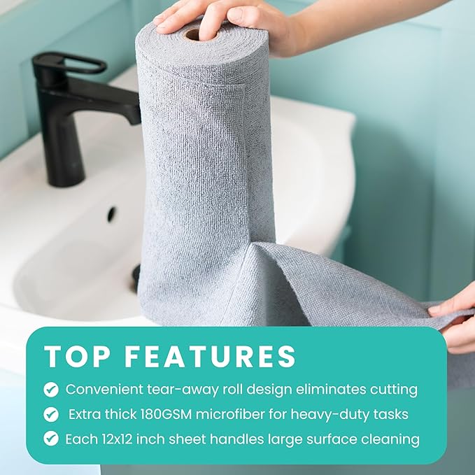Microfiber Cleaning Cloth Roll Tearaway, 50 PCS Tear Away Towels, Reusable & Washable, Ultra Absorbent 12" x 5.5" Dish Rags for Car, Home, Kitchen, , 180 GSM Thickness, Paper Towel Alternative