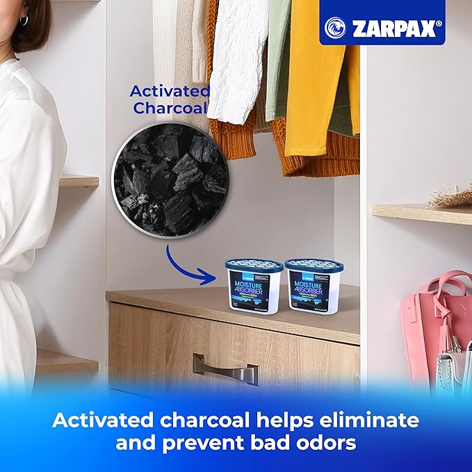 ZARPAX Moisture Absorber Activated Charcoal 10.5 oz/300g | Removes Moisture, Damp, Humidity & Odors | Odor Absorber | Moisture Trap for Bathroom, Closet, Kitchen & Small Spaces | Set of 15