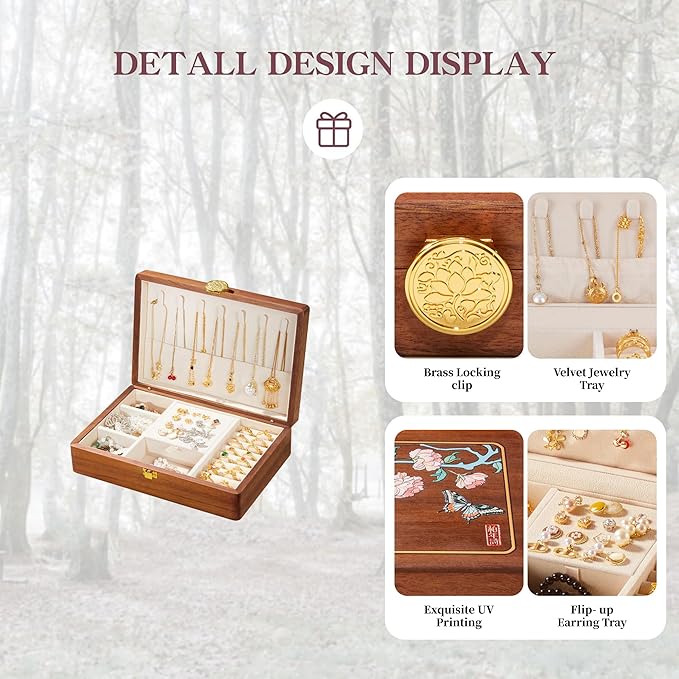 Travel Jewelry Case Small Wood Jewelry Organizer Jewelry Box for Women (Nut-Brown Print E)