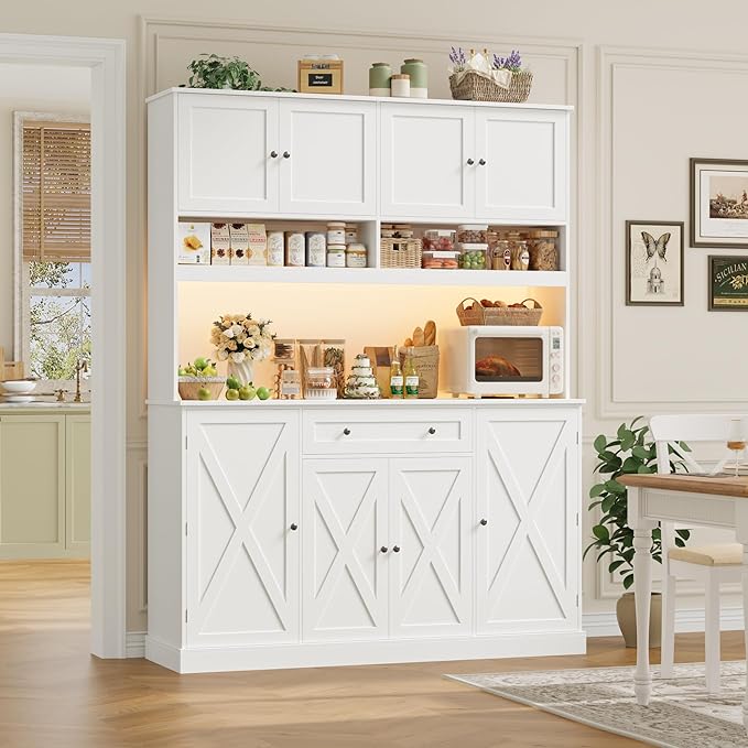 HIFIT 72.8” Tall Kitchen Pantry Cabinet with LED & Charging Station, 55” Wide Farmhouse Pantry Storage Cabinet with Microwave Stand&Shelves&Barn Doors, Kitchen Hutch Coffee Bar for Living Room, White