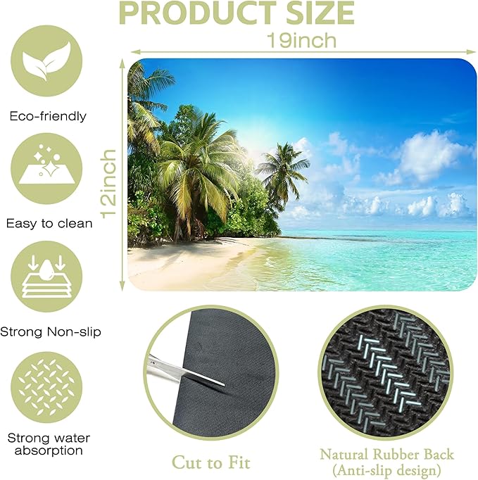 FTJHKUY Dish Drying Mat, Ocean Pattern, Blue, Absorbent Suede & Diatom Mud, 12"x19"