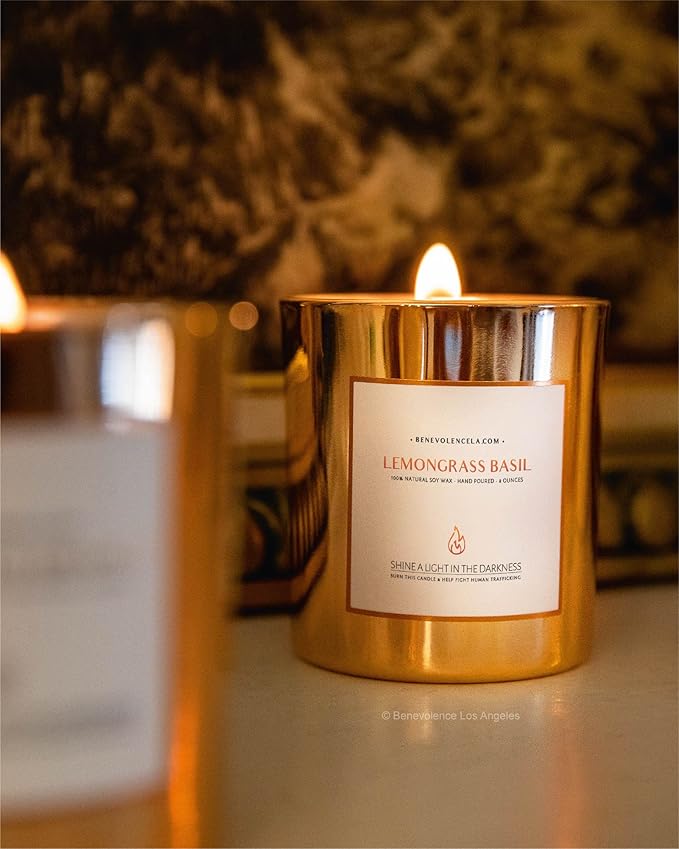 Benevolence LA Lemongrass & Basil Wood Wick Candles | Soy Christmas Scented Candles for Home | Holiday Candle Gifts for Women and Men | Home Fragrance | Aromatherapy | Shelf Decor | 8oz, 45 Hour Burn