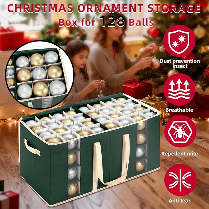 Large Christmas Ornament Storage Box With Adjustable Dividers,Ornament Storage Container with Two Handlesfor 128 Holiday Decorations,Green