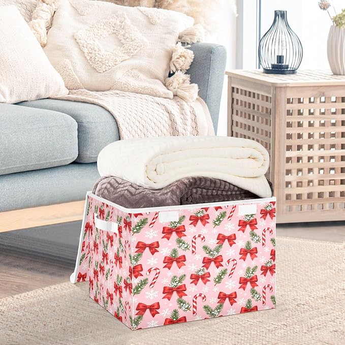 Christmas Bow Candy Snowflake Storage Bins with Lids Foldable Storage Basket with Handles Collapsible Large Fabric Organizer Containers for Clothes Shelves Closet Office Home