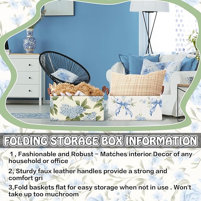 Boao 3 Pcs Blue Hydrangea Bow Storage Bin Flowers Collapsible Large Storage Baskets for Gifts Canvas Laundry Basket Foldable Box with Handle for Office Home Bedroom Clothes