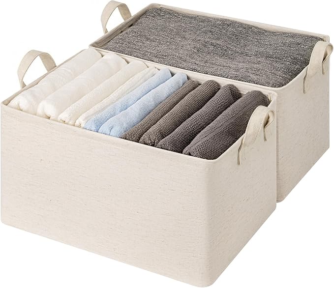 StorageWorks Storage Bins, Shelves Baskets for Organizing, 45L Extra Large Fabric Closet Organizers with Handles, Metal Frame, Beige?Cotton-linen?, 2-Pack