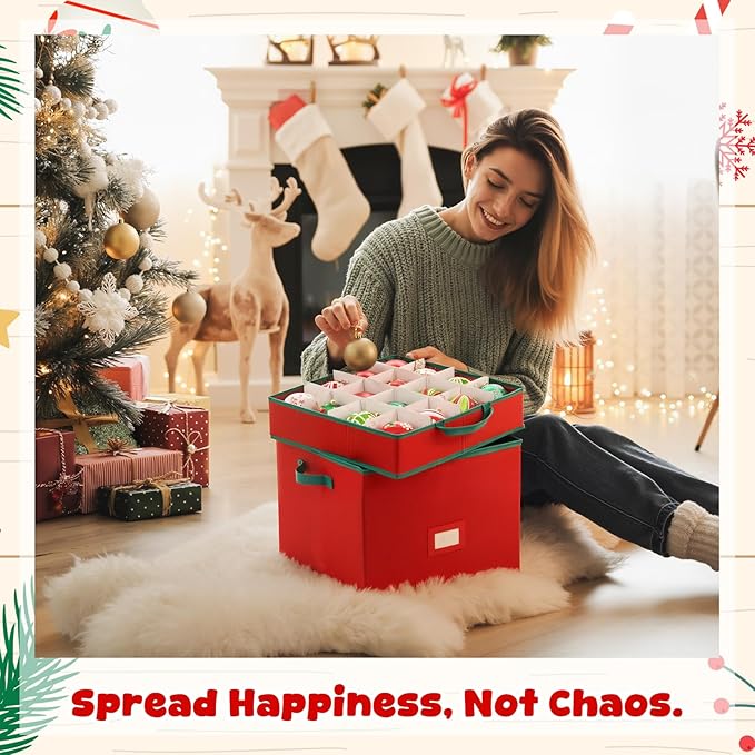 Pinkunn 64pcs 4in Christmas Ornament Storage Box with Dividers Tray Stores Holiday Ornament Adjustable Dividers Double Zipper Label Slot Two Handles Storage Container Box Keeps Xmas Decor(red)