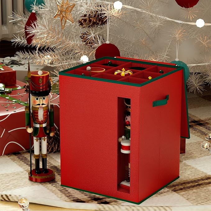VERONLY Christmas Nutcracker and Figurine Storage Box, Holds 9-16" Tall Nutcracker Ornaments, Foldable Holiday Decoration Organizer with Removable Dividers & View Window (Nutcracker Not Included)