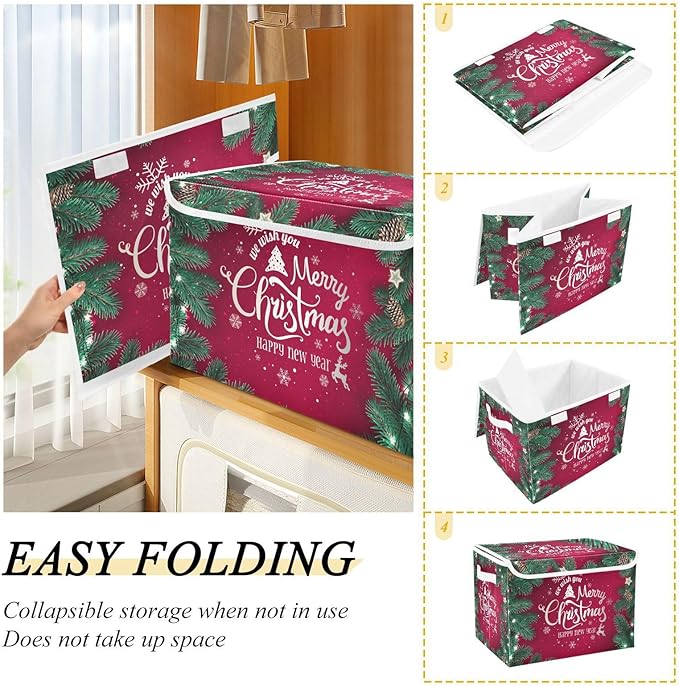 Christmas Baskets Collapsible Storage Bins with Lids, Merry Christmas Happy New Year Storage Boxes Clothes Baskets for Organizing