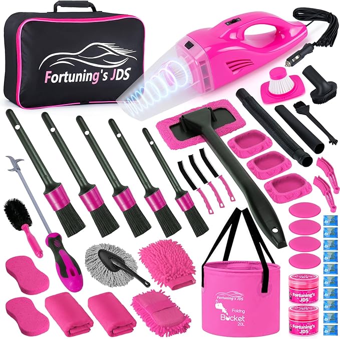 47PCS Car Detailing Kit Interior Cleaner, Car Cleaning Supplies with High Power Car Vacuum Cleaner,Auto Detailing Kit,Car Wash Kit with Bucket Detailing Brush Set,Pink Car Accessories for Women