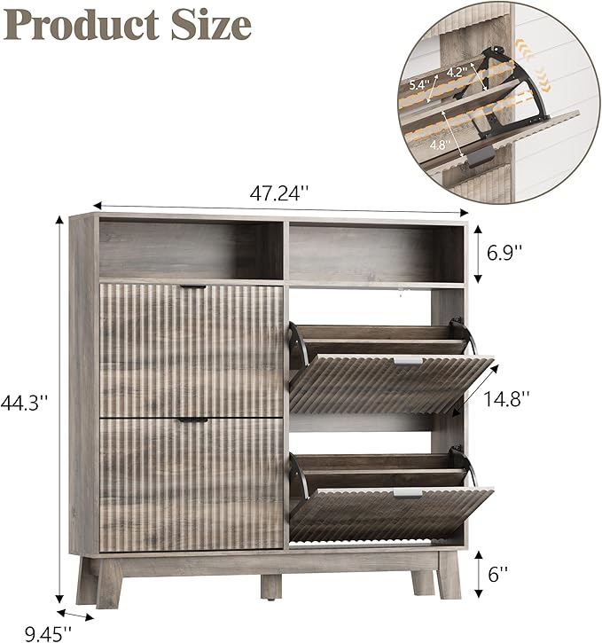 Shoe Cabinet Storage for Entryway with 4 Flip Drawers, Fluted Narrow Shoe Organizer with Wooden Legs & Top Cubby, Freestanding Slim Shoe Storage Hidden Shoe Rack for Front Door Entrance, Grey
