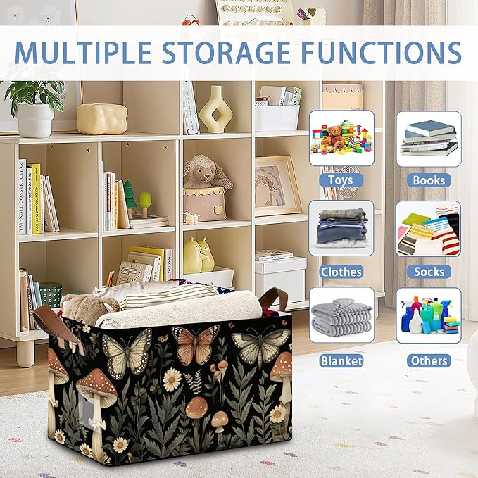 Vintage Mushroom Storage Baskets,Butterfly Plants Foldable Large Capacity Organizer Bins with Waterproof Lining and Leather Handles for Closet,Shelf,Bedroom 17x11.5x10Inch