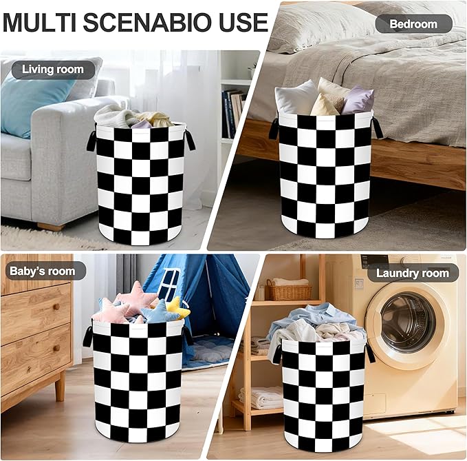 Black White Checkered Laundry Basket Storage Bin Foldable Laundry Hamper Clothes Storage Bucket Organizer 19.6x15.7 Inch For Laundry Room/Bedroom/Bathroom