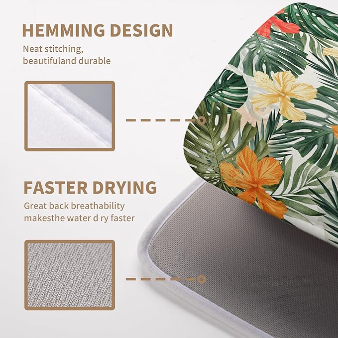Wnoesat Tropical Palm Leaves Dish Drying Mat for Kitchen Counter Watercolor Flowers Leaf Drying Mat Dish Pads Reversible Absorbent Microfiber Dish Drainer Rack Mat for Countertop 18x24 Inch